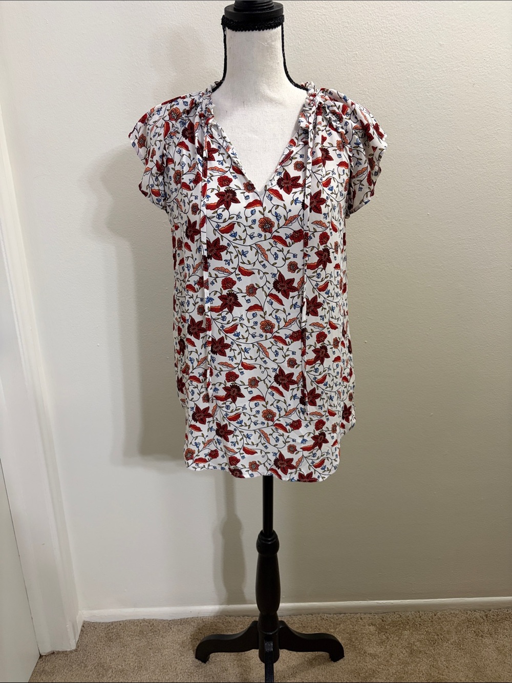 LOFT White Blouse with Red & Blue Floral Print